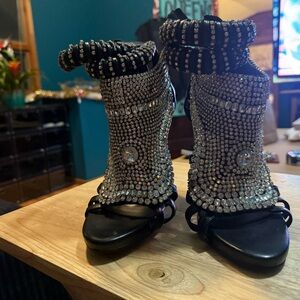 Elegant Black and Silver Crystal Embellished Heels